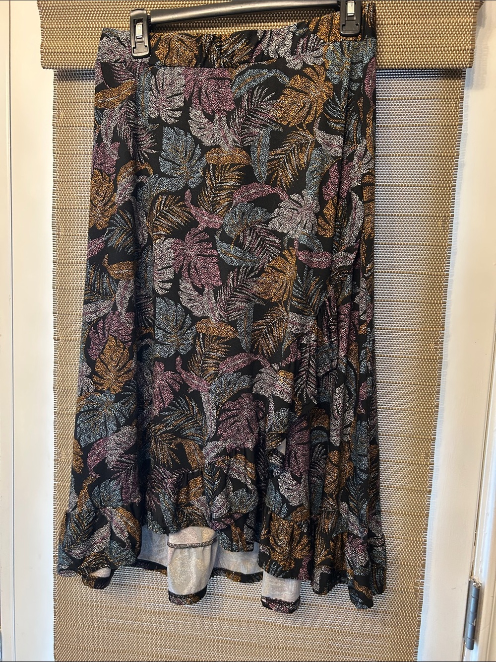 Black Leaf-Print Midi Skirt in Pink, Blue & Gold